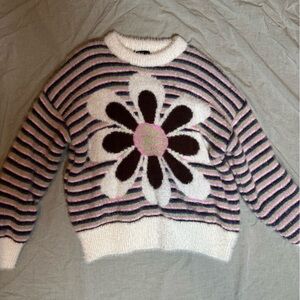 Forever 21 Striped Sweater with Floral Design - Pink, Black, White